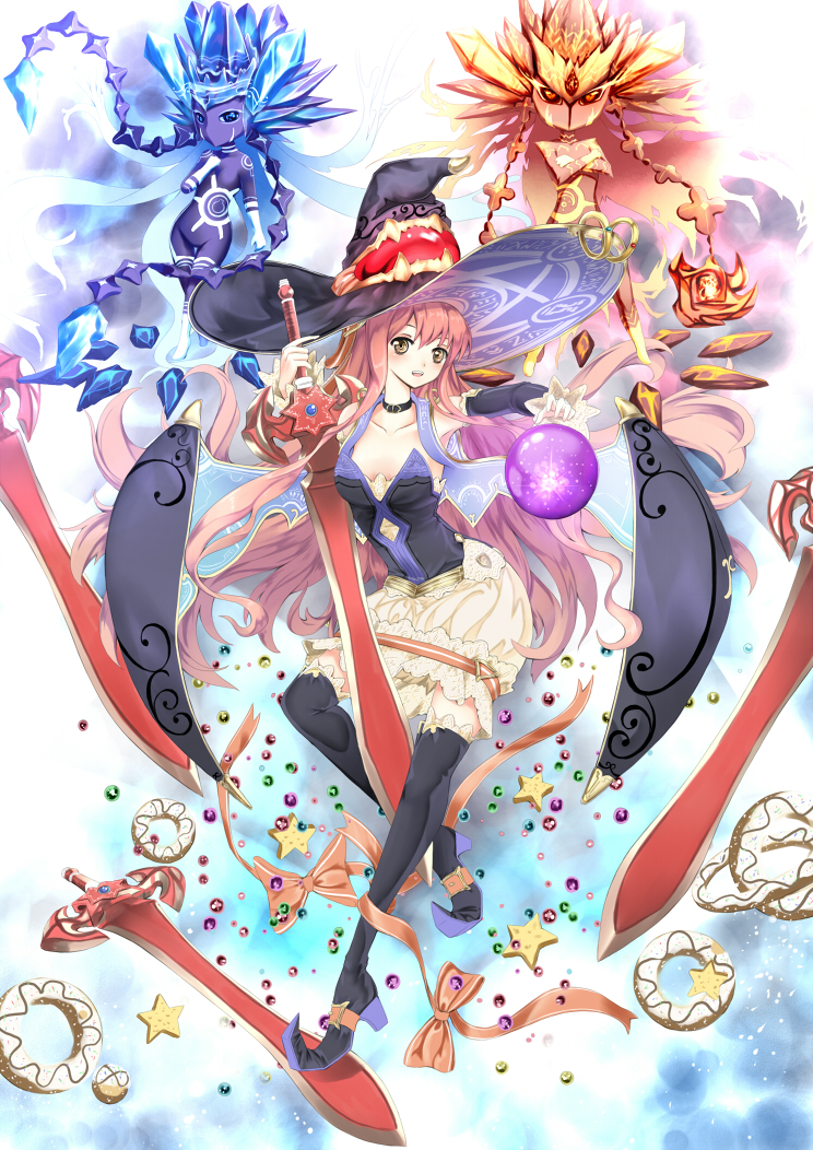 1girl arm_warmers atelier_(series) atelier_shallie black_legwear boots bow choker creature dia_(saotoko) gem hat long_hair magic pink_hair ribbon skirt smile sword thigh-highs thigh_boots weapon wilbell_voll=erslied wings witch_hat yellow_eyes