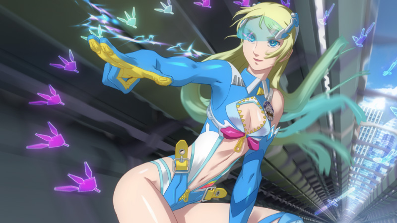 1girl animated animated_png belt blonde_hair blue_eyes blue_sky bodysuit bouncing_breasts breasts buckle building center_opening city cleavage cleavage_cutout clouds hand_gesture head_mounted_display highleg huge_filesize inevitable_world_shift long_hair minase_souya navel skin_tight sky skyscraper solo subway ugoira visor zipper