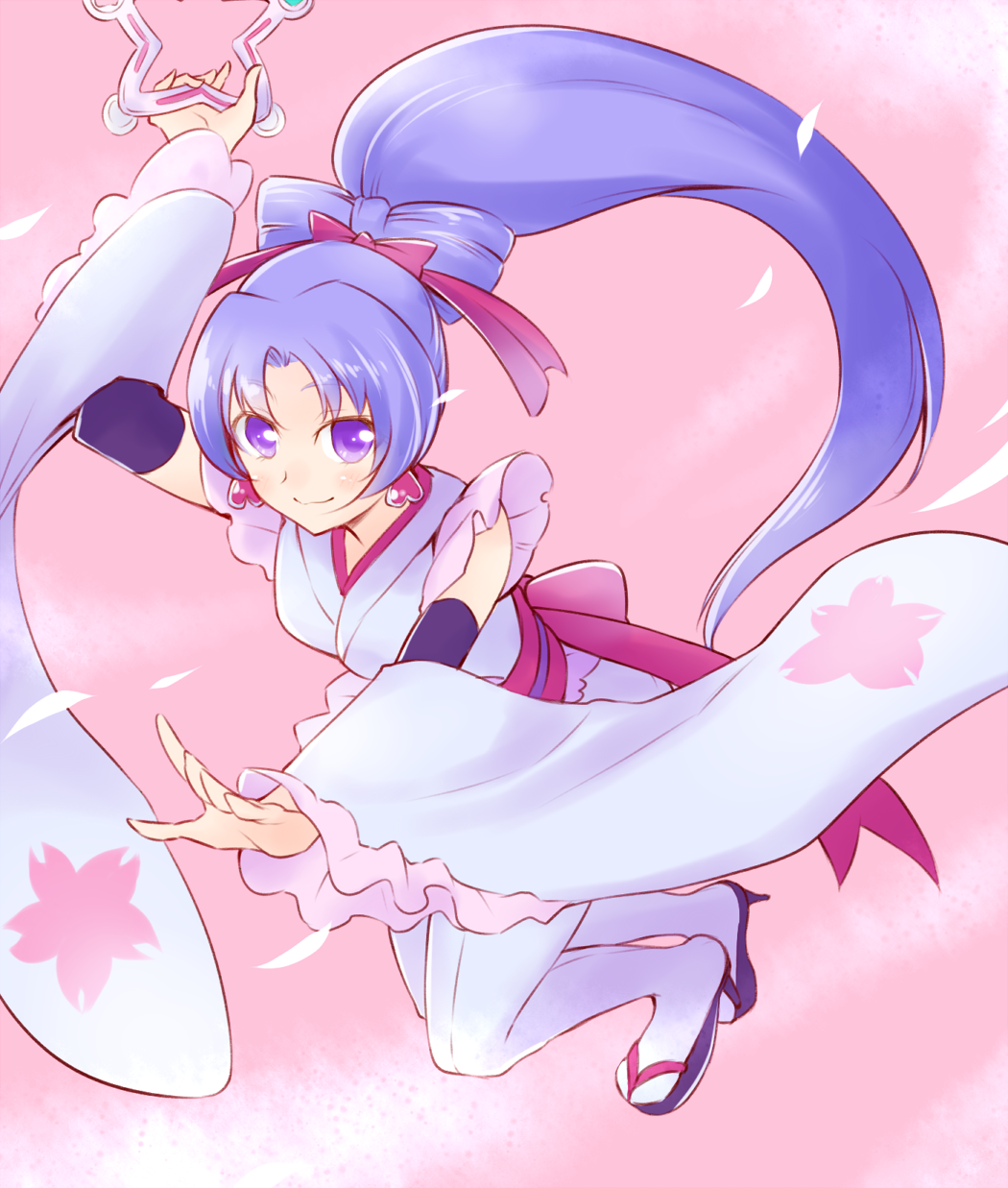 1girl anmitsu_komachi arakawa_tarou cure_fortune detached_sleeves earrings eyelashes hair_ornament hair_ribbon happinesscharge_precure! happy highres hikawa_iona japanese_clothes jewelry kimono long_hair looking_at_viewer magical_girl ponytail precure purple_hair ribbon smile solo violet_eyes