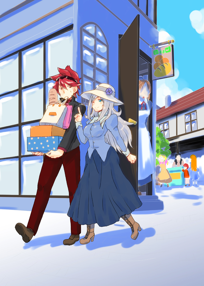 aila_jyrkiainen bag baguette baker_(gundam_bf) blouse blue_eyes boots box bread carrying casual chairman_mashita cross-laced_footwear food gundam gundam_build_fighters hat long_skirt one_eye_closed red_eyes redhead reiji_(gundam_bf) silver_hair skirt sun_hat sunglasses sunglasses_on_head yuusei_honpo