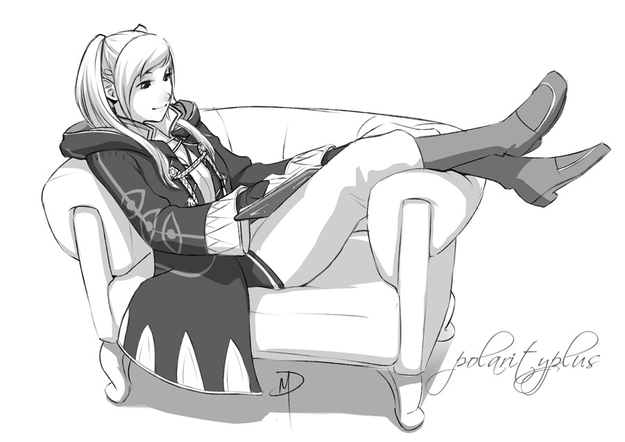 1girl armchair book boots chair cloak coat crossed_ankles daniel_macgregor fire_emblem fire_emblem:_kakusei greyscale hood_down knee_boots light_smile long_hair monochrome my_unit reading reclining solo twintails