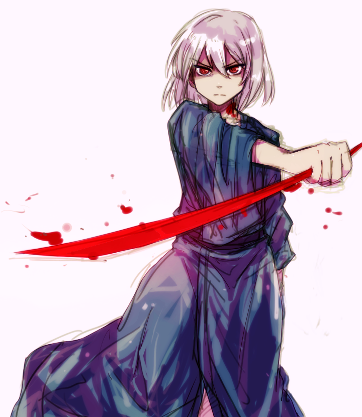 1boy blood blood_on_face blood_sword bloody_clothes holding_hands japanese_clothes red_eyes short_hair solo toono_shiki_(2) tsukihime weapon white_background white_hair