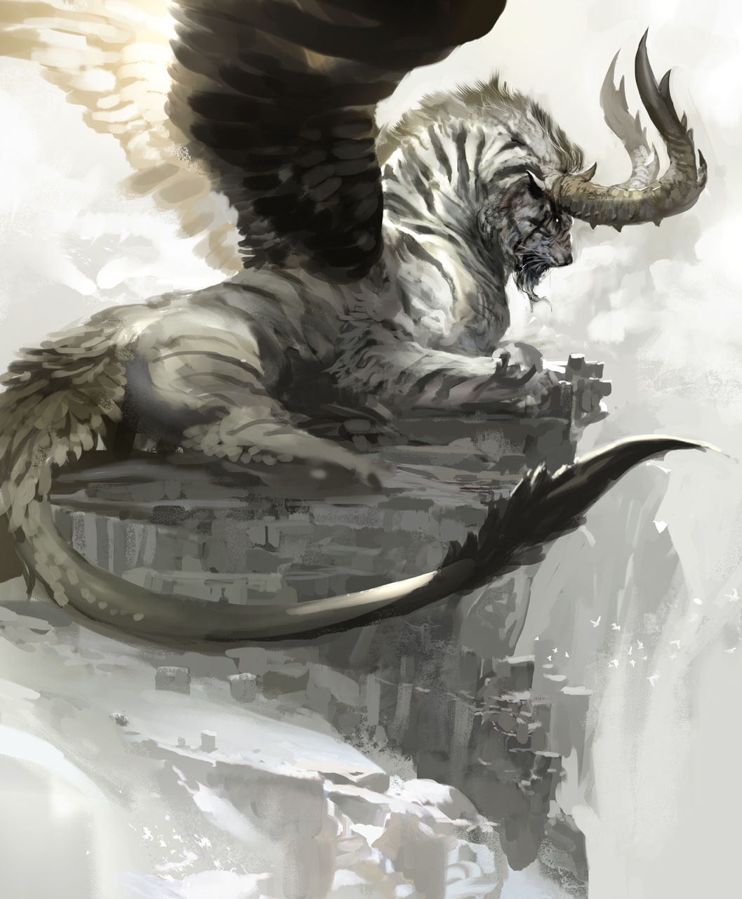 chimera cliff feathered_wings highres horns kekai_kotaki lying no_humans solo tail tiger white_tiger wings work_in_progress