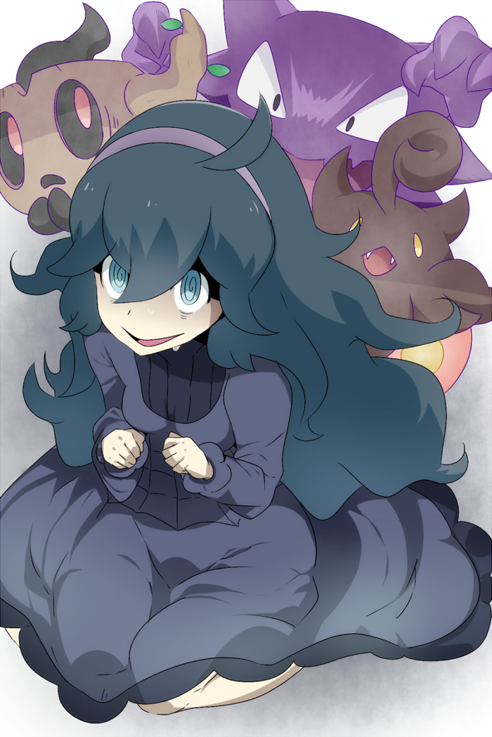 1girl ahoge al_bhed_eyes bags_under_eyes black_hair black_sclera claws fangs ghost hairband haunter hex_maniac_(pokemon) lliillii long_hair messy_hair nail_polish open_mouth phantump pokemon pokemon_(creature) pokemon_(game) pokemon_xy pumpkaboo sweat