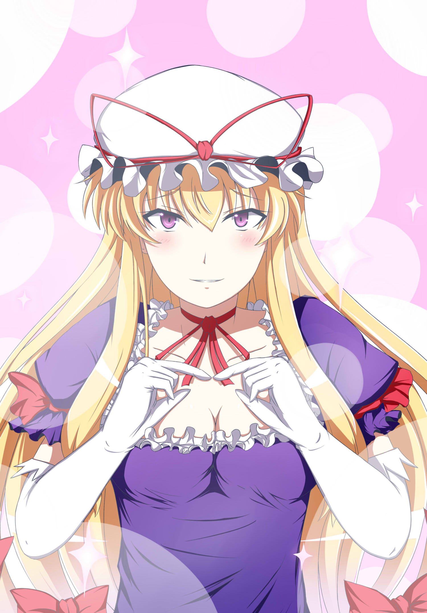 1girl armband blonde_hair blush bow breasts bust choker circle cleavage collarbone dress ears elbow_gloves fingers_together frilled_dress frills gloves hair_bow hat hat_ribbon highres kyoukyan large_breasts long_hair looking_at_viewer mob_cap patterned_background puffy_short_sleeves puffy_sleeves ribbon ribbon_choker shiny shiny_hair shiny_skin short_sleeves smile sparkle teeth touhou violet_eyes yakumo_yukari