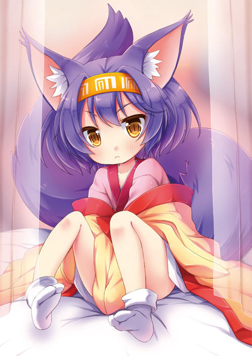 1girl animal_ears blush fox_ears fox_tail hairband hatsuse_izuna japanese_clothes kimono looking_at_viewer no_game_no_life purple_hair short_hair solo tail tougo yellow_eyes