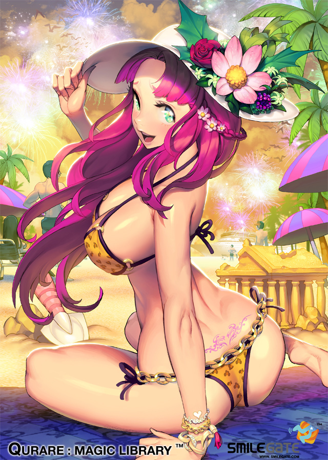 arm_support barefoot beach bikini bracelet breasts fireworks flower green_eyes hair_flower hair_ornament hat jewelry large_breasts long_hair looking_back ocean palm_tree purple_hair qurare_magic_library sky smile solo_focus swimsuit tattoo tramp_stamp tree