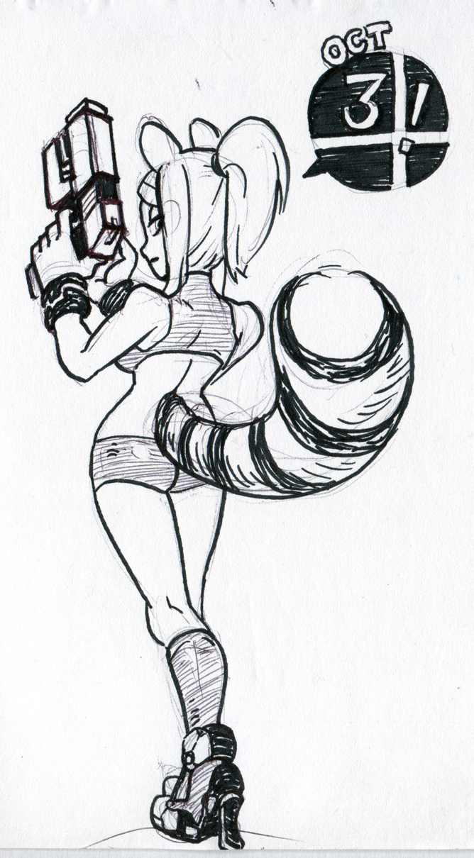 1girl alex_ahad alternate_costume animal_ears ass boots crop_top from_behind gun handgun high_heel_boots high_heels highres knee_boots long_hair looking_back metroid midriff monochrome ponytail raccoon_ears raccoon_tail samus_aran short_shorts shorts sketch solo super_smash_bros. tail traditional_media weapon wristband