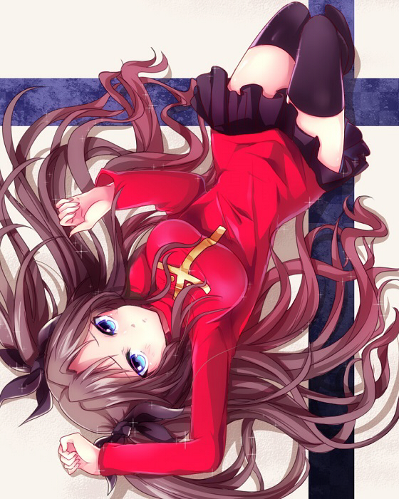 1girl artist_request black_legwear blue_eyes blush breasts brown_hair fate/stay_night fate/zero fate_(series) hair_ribbon large_breasts long_hair looking_at_viewer pleated_skirt ribbon skirt solo sweater thigh-highs tohsaka_rin toosaka_rin twintails two_side_up zettai_ryouiki