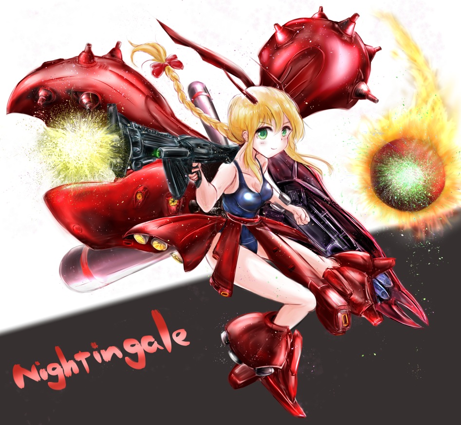 1girl blonde_hair boots braid breasts char's_counterattack character_name cleavage collarbone energy_gun green_eyes gundam hair_ribbon horns long_hair mecha_musume nightingale one-piece_swimsuit personification red_ribbon ribbon school_swimsuit smile solo swimsuit takonosuke weapon