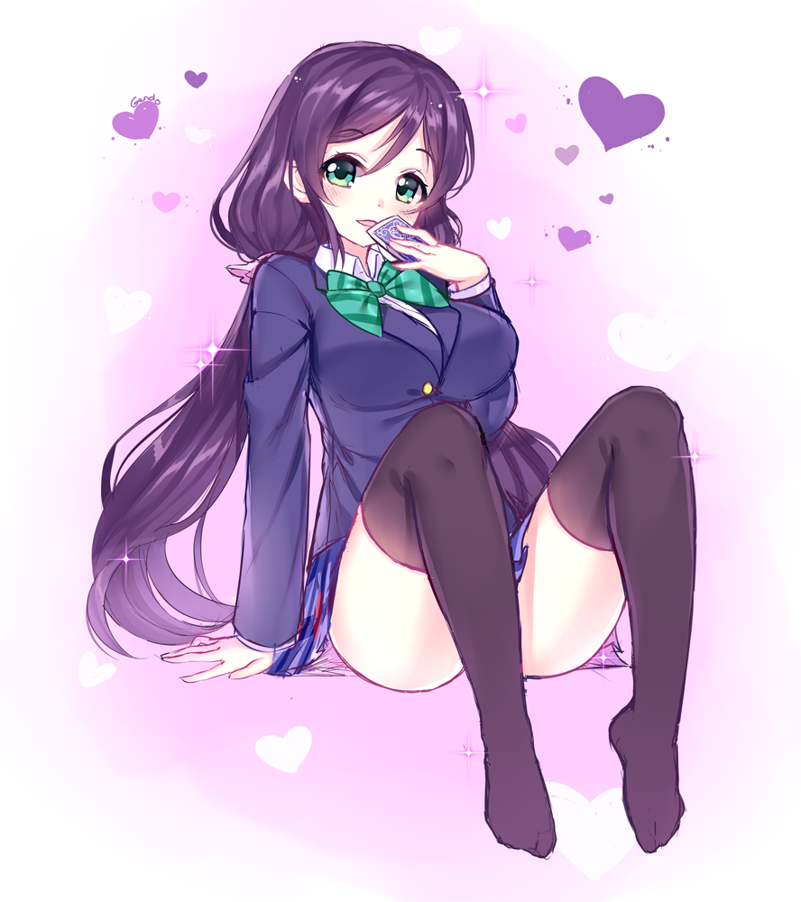 1girl breasts card convenient_leg gendo0033 green_eyes heart long_hair looking_at_viewer love_live!_school_idol_project open_mouth purple_hair school_uniform smile solo thigh-highs toujou_nozomi twintails