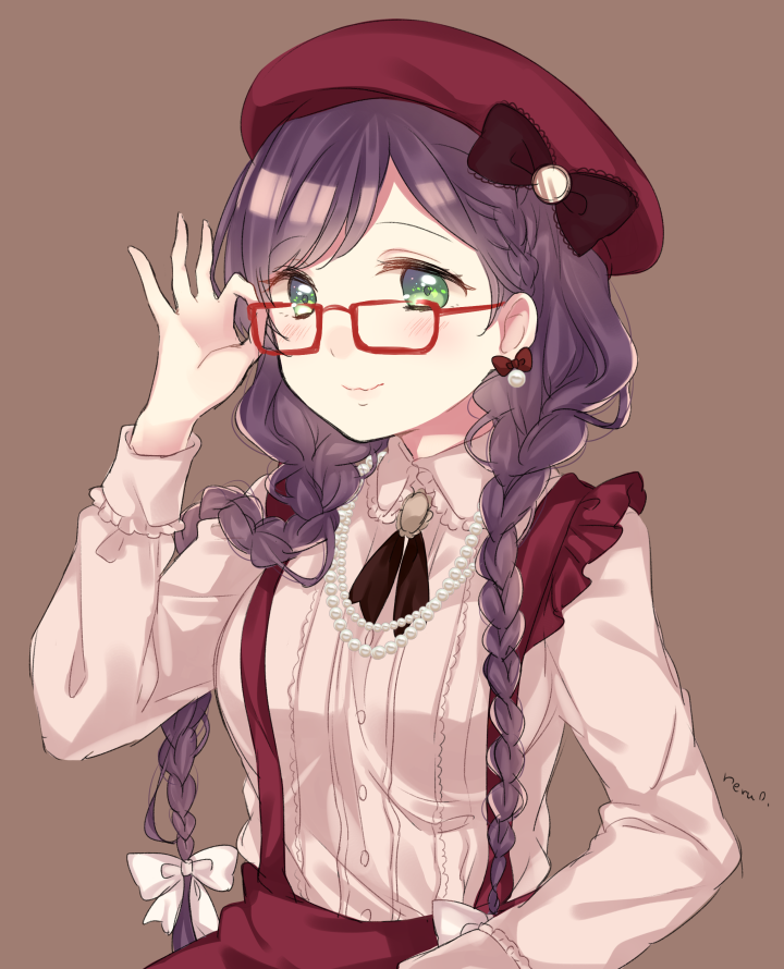 1girl breasts dress glasses green_eyes hand_on_glasses hat hat_ribbon jewelry long_hair long_sleeves looking_at_viewer love_live!_school_idol_project necklace nerunnn pearl_necklace purple_background purple_hair red_glasses ribbon simple_background smile solo toujou_nozomi twintails