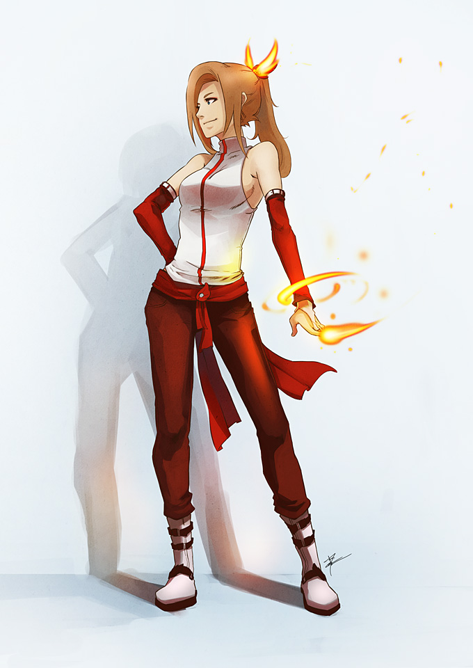 1girl akemi_hotaru alternate_hairstyle bare_shoulders blue_eyes boots breasts bridal_gauntlets brown_hair colin_tan detached_sleeves fire full_body halterneck hand_on_hip long_hair original pants ponytail sash shadow sideboob smile solo