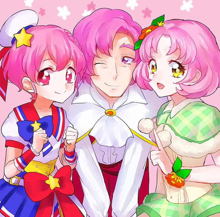 1boy 2girls character_request copyright_request dress eyelashes hair_ornament happy kurochiroko looking_at_viewer multiple_girls pink_eyes pink_hair ribbon sketch smile tagme violet_eyes wrist_cuffs yellow_eyes