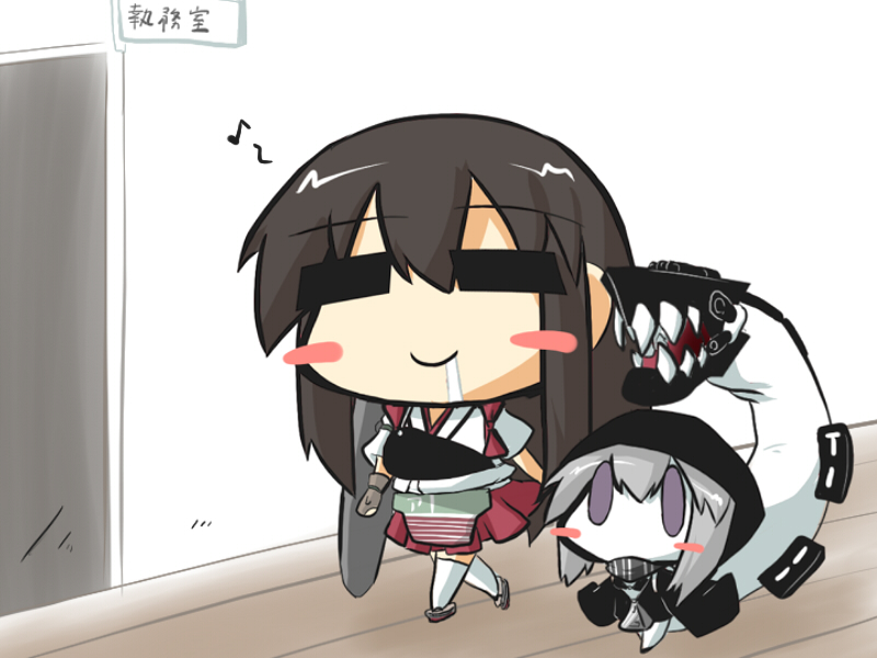 2girls akagi_(kantai_collection) black_eyes blush_stickers brown_hair chibi commentary_request drooling gomasamune hoodie japanese_clothes kantai_collection long_hair multiple_girls muneate musical_note personification pleated_skirt re-class_battleship red_skirt shinkaisei-kan silver_hair sketch skirt tail translated violet_eyes walking