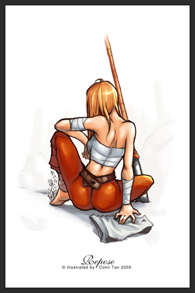 1girl 2005 akemi_hotaru ass back bandages bare_shoulders barefoot brown_hair colin_tan from_behind glaive long_hair original pants planted_weapon sarashi sitting solo weapon white_background