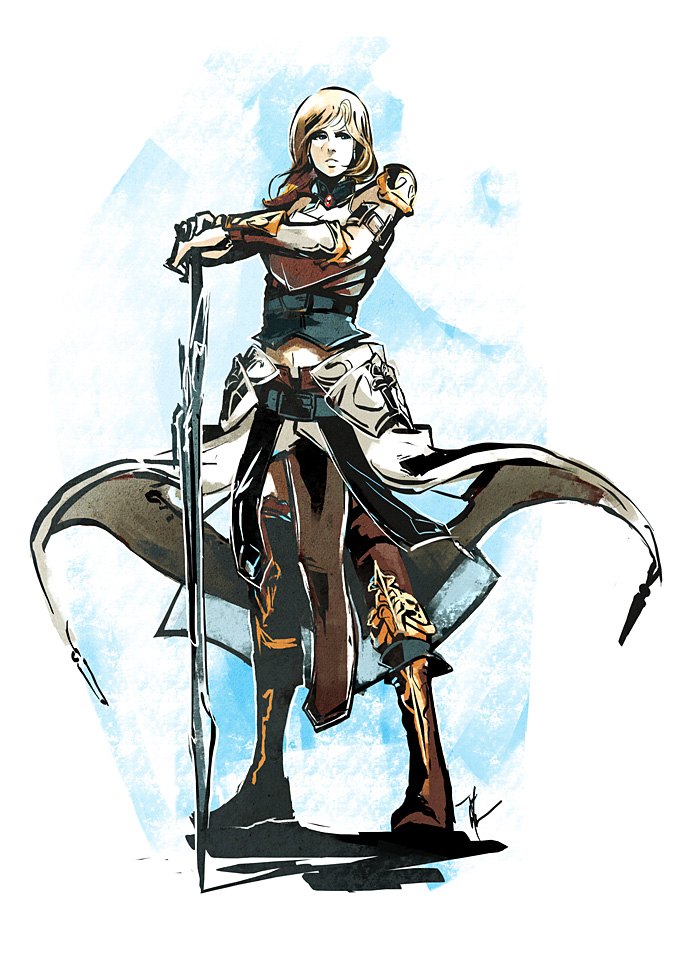 1girl alternate_costume armor armored_dress ashelia_b'nargin_dalmasca boots colin_tan faulds final_fantasy final_fantasy_xii midriff navel planted_sword planted_weapon short_hair showgirl_skirt solo spaulders sword thigh-highs thigh_boots vambraces weapon