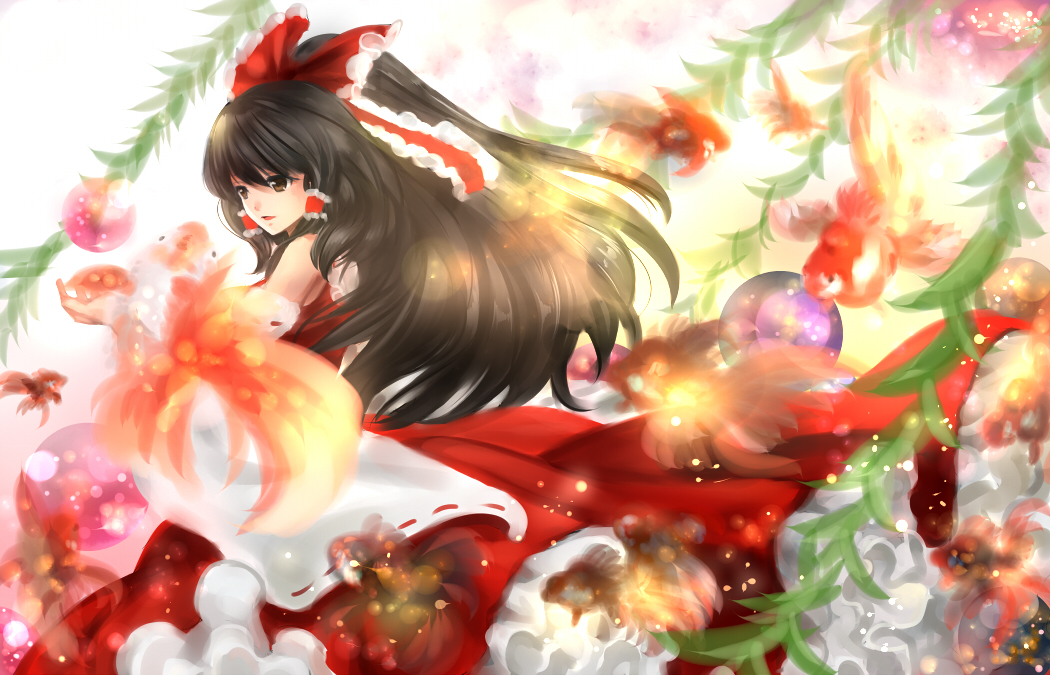 1girl ascot black_hair bow brown_eyes bust detached_sleeves dress fish from_side goldfish hair_bow hair_tubes hakurei_reimu holding light_particles long_hair looking_afar nagare open_mouth red_dress ribbon-trimmed_sleeves ribbon_trim solo surreal surrounded touhou very_long_hair