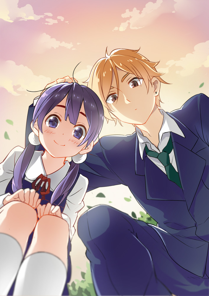 1boy 1girl black_hair blue_eyes brown_eyes brown_hair favilia from_below kitashirakawa_tamako long_hair low_twintails ooji_mochizou school_uniform short_hair tamako_love_story tamako_market twintails