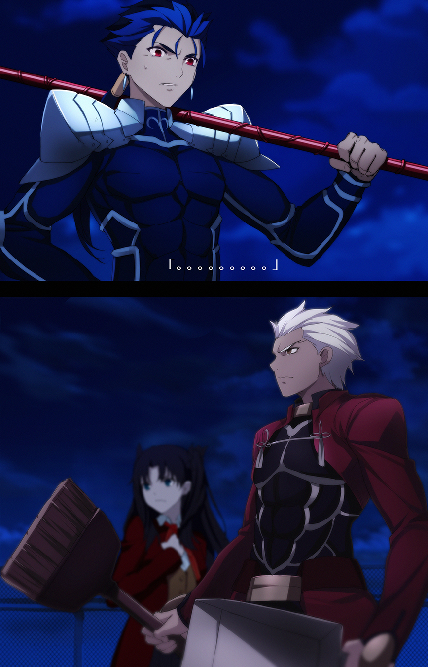 ... 1girl 2boys 2koma archer black_hair blue_hair blurry broom clouds comic dark_skin depth_of_field dustpan earrings fate/stay_night fate_(series) gae_bolg hand_on_own_chest highres jewelry lancer long_hair multiple_boys night over_shoulder red_eyes short_hair sky steelleets sweatdrop tohsaka_rin toosaka_rin weapon weapon_over_shoulder white_hair