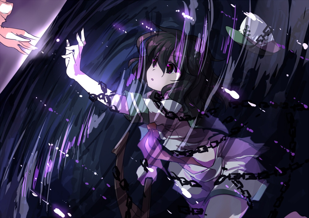 1girl anchor black_hair chain chained hat murasa_minamitsu open_mouth outstretched_arm outstretched_hand reaching_out sailor_hat school_uniform serafuku short_sleeves shorts touhou underwater violet_eyes water waves yetworldview_kaze