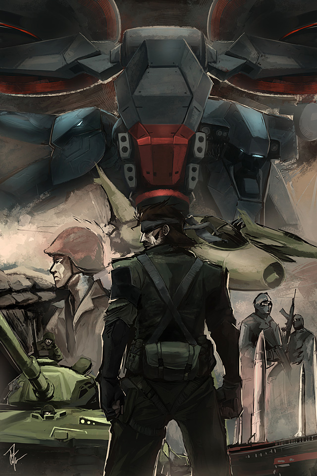 airplane big_boss brown_hair colin_tan fighter_jet headband jet mecha metal_gear_(series) metal_gear_ray metal_gear_rex metal_gear_solid_peace_walker military military_vehicle missile mullet shaded_face sideburns soldier tank vehicle war