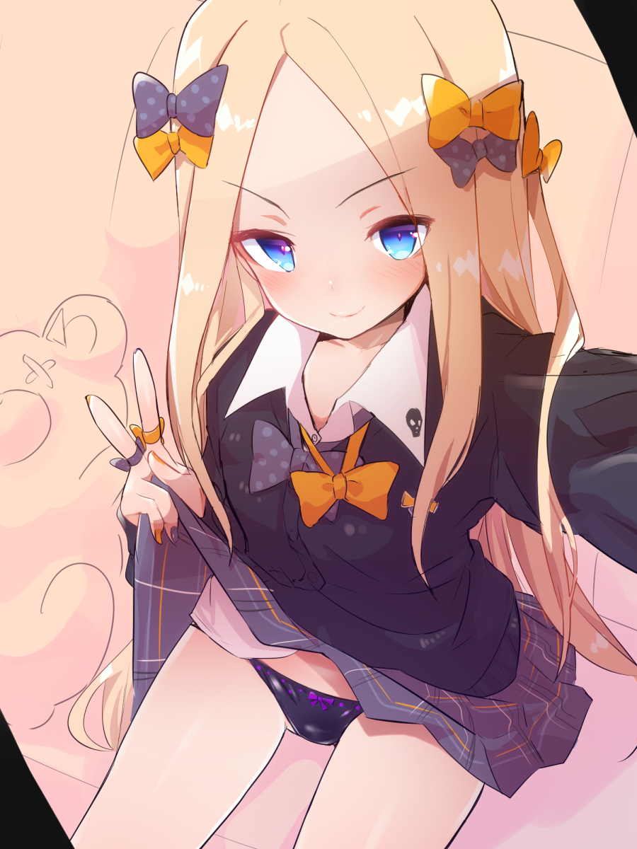 1girl abigail_williams_(fate) bangs black_bow black_bowtie black_panties black_sweater blonde_hair blue_eyes blush bow bow_panties bowtie caburi cardigan clothes_lift commentary_request fate/grand_order fate_(series) forehead grey_skirt highres lifted_by_self long_hair long_sleeves looking_at_viewer orange_bow orange_bowtie panties parted_bangs plaid plaid_skirt pleated_skirt polka_dot polka_dot_bow reaching_out selfie sitting skirt skirt_lift skull_print smile solo stuffed_animal stuffed_toy sweater teddy_bear thighs underwear v