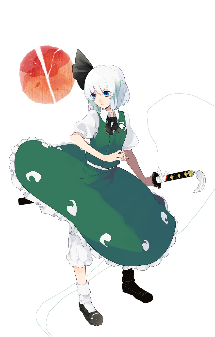 1girl aguruma_(yukisita03) blue_eyes hair_ribbon hairband highres hitodama katana konpaku_youmu konpaku_youmu_(ghost) ribbon short_hair silver_hair simple_background skirt solo sword touhou weapon white_background