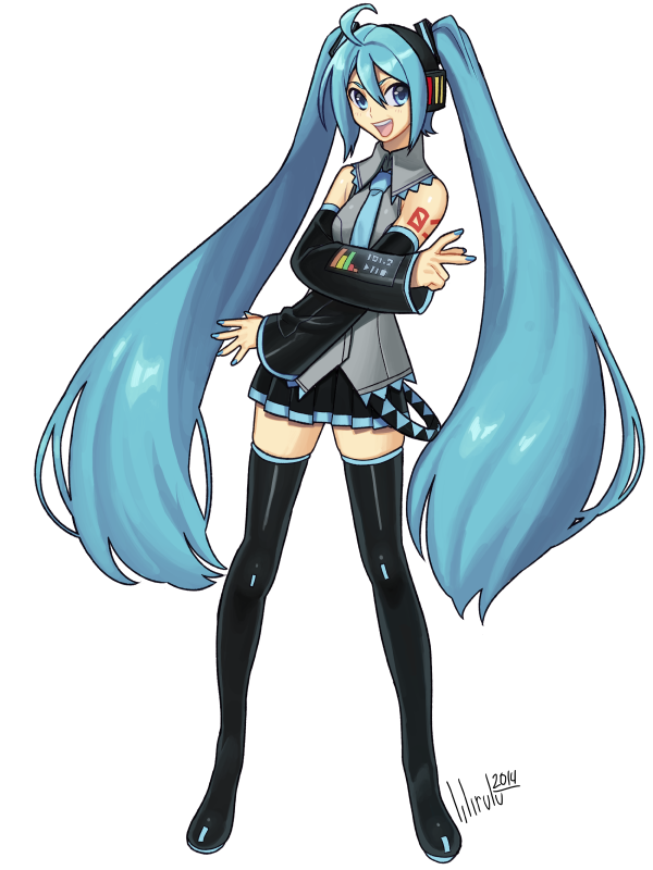 1girl ahoge aqua_eyes aqua_hair aqua_nails boots detached_sleeves full_body hatsune_miku headphones lilirulu long_hair miniskirt nail_polish necktie pleated_skirt skirt solo standing thigh-highs thigh_boots twintails very_long_hair vocaloid white_background zettai_ryouiki