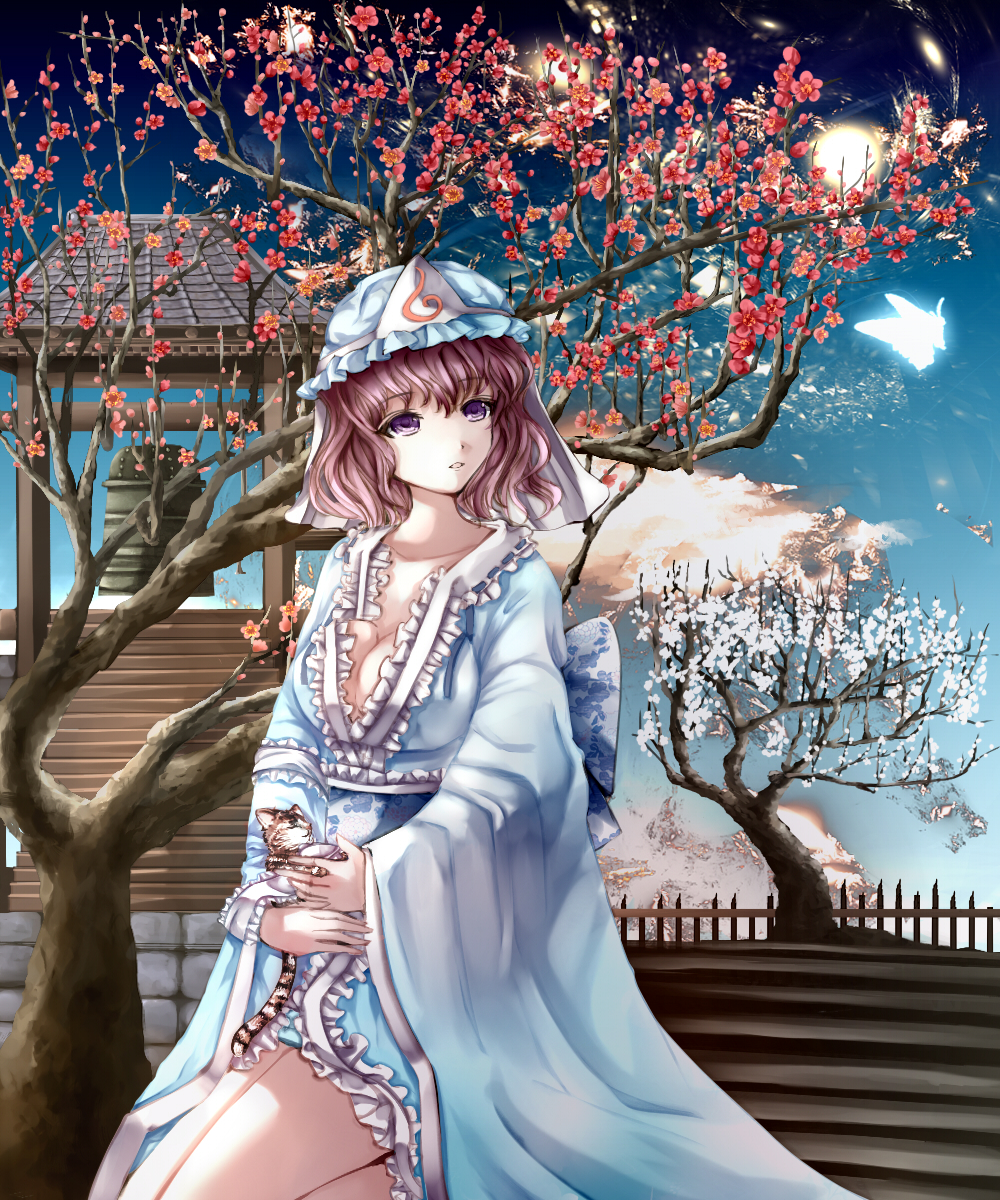 1girl adapted_costume bell blooming blue_sky breasts butterfly cat cherry_blossoms cleavage clouds collarbone expressionless fence floral_print frilled_kimono galaxy glowing_butterfly highres hir02 holding_animal japanese_clothes kimono kitten kneeling large_breasts long_sleeves looking_to_the_side looking_up mob_cap obi parted_lips pink_hair planet ribbon-trimmed_collar ribbon_trim saigyouji_yuyuko sash short_hair short_kimono sky solo stairs stairway sunrise tagme thighs touhou tree triangular_headpiece veil violet_eyes wavy_hair wide_sleeves