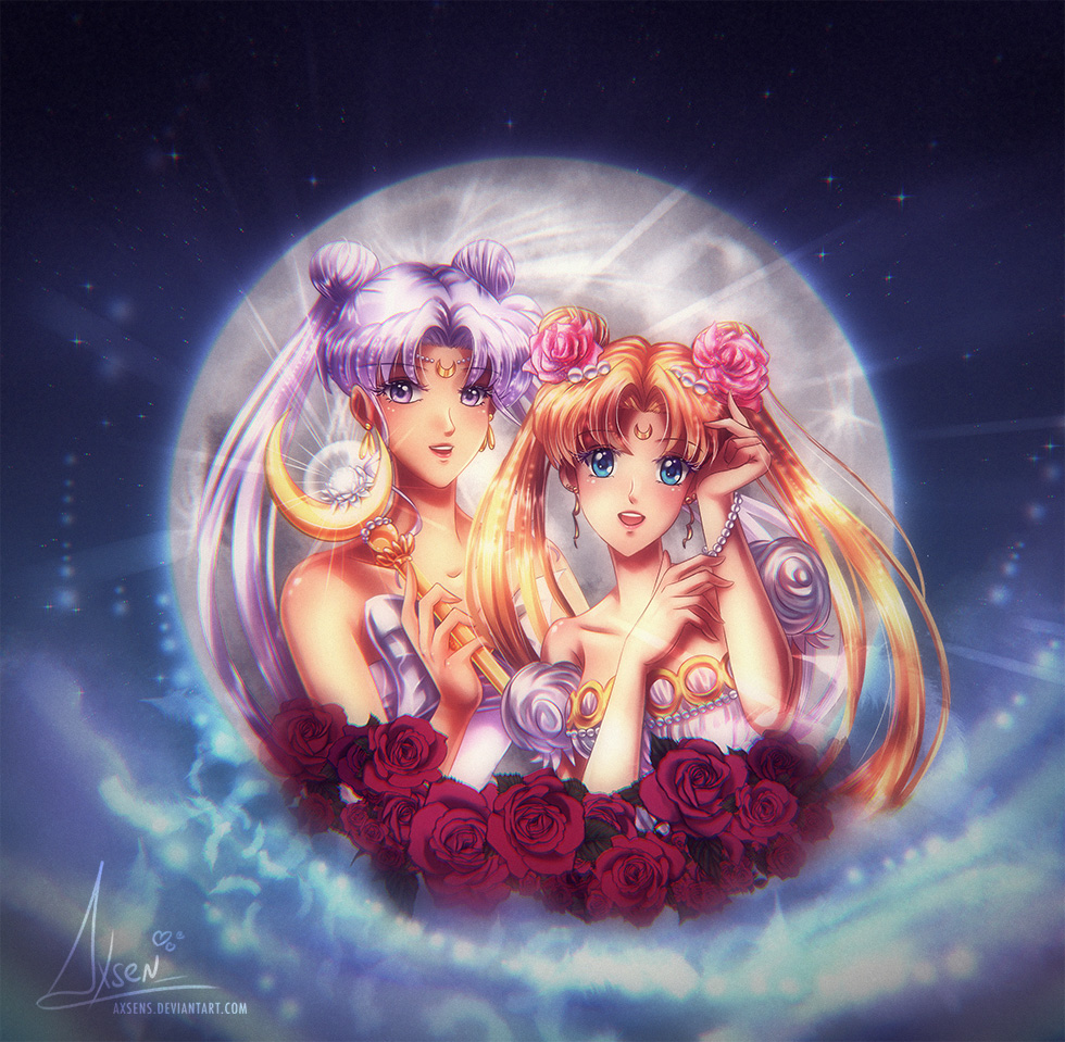 2girls axsen bare_shoulders bishoujo_senshi_sailor_moon blonde_hair blue_eyes crescent double_bun earrings facial_mark flower forehead_mark full_moon hair_flower hair_ornament hairpin jewelry long_hair moon moon_stick mother_and_daughter multiple_girls pink_rose princess_serenity queen_serenity red_rose rose smile tsukino_usagi twintails violet_eyes white_hair