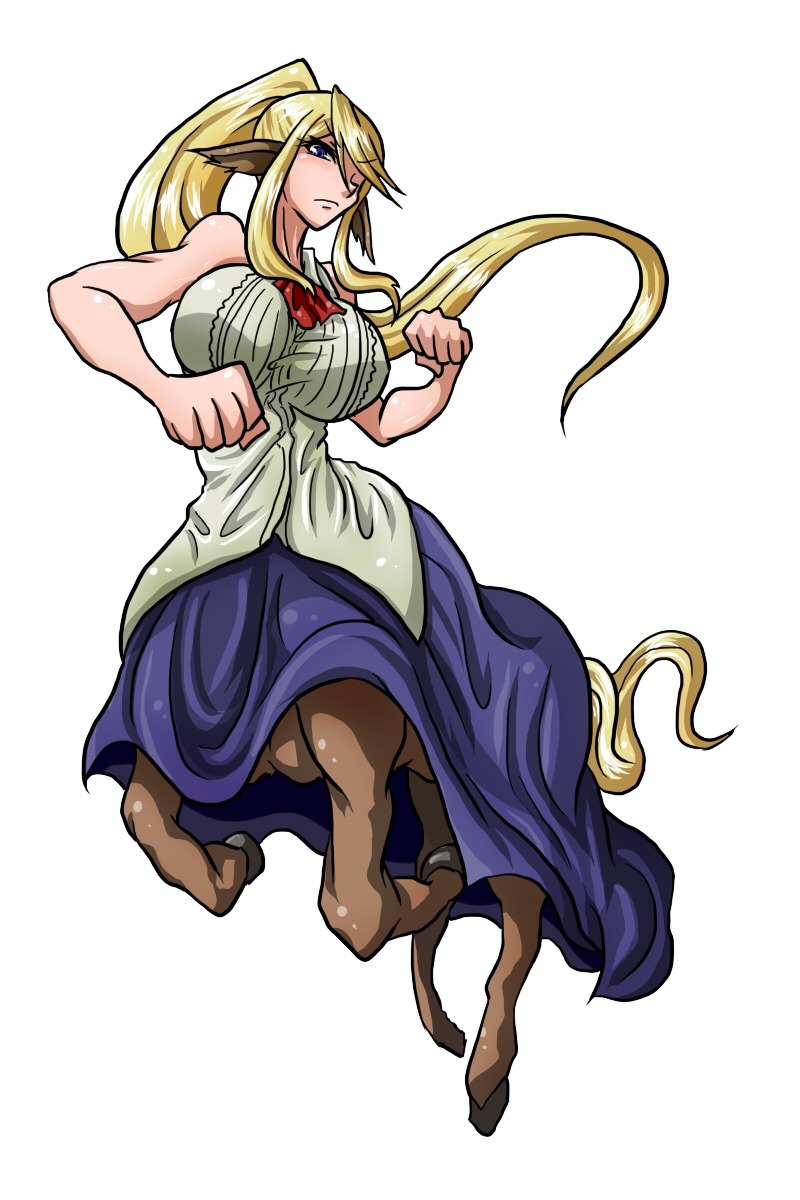 1girl animal_ears ascot blonde_hair blue_eyes breasts centaur centorea_shianus clenched_hands highres hooves horse_ears huge_breasts impossible_clothes impossible_shirt incoming_punch long_hair monster_girl monster_musume_no_iru_nichijou one_eye_closed payot pointy_ears ponytail skirt sleeveless solo tail tenkai_no_komachi
