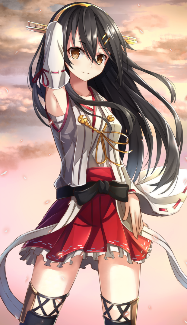 1girl bare_shoulders black_hair brown_eyes detached_sleeves frilled_skirt frills hair_between_eyes hair_ornament hairband hairclip haruna_(kantai_collection) japanese_clothes kantai_collection long_hair looking_at_viewer nikkunemu nontraditional_miko skirt smile solo thigh-highs