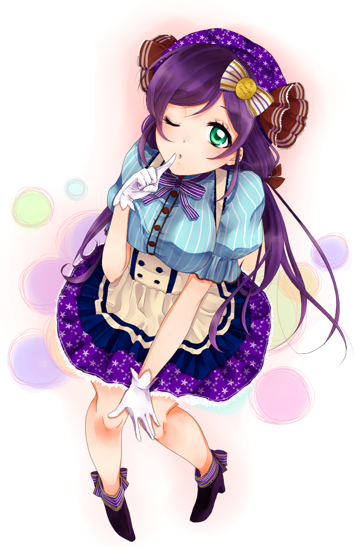 1girl artist_request bow breasts dress gloves green_eyes hair_bow long_hair looking_at_viewer love_live!_school_idol_project one_eye_closed purple_hair solo toujou_nozomi twintails