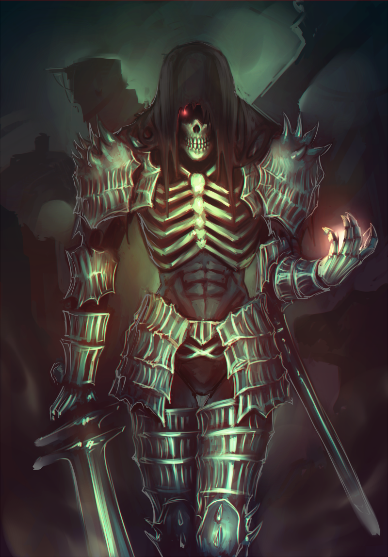 armor dark_souls dark_wraith full_armor glowing glowing_eye hood mask moni158 ruins skeleton skull solo souls_(from_software) sword weapon