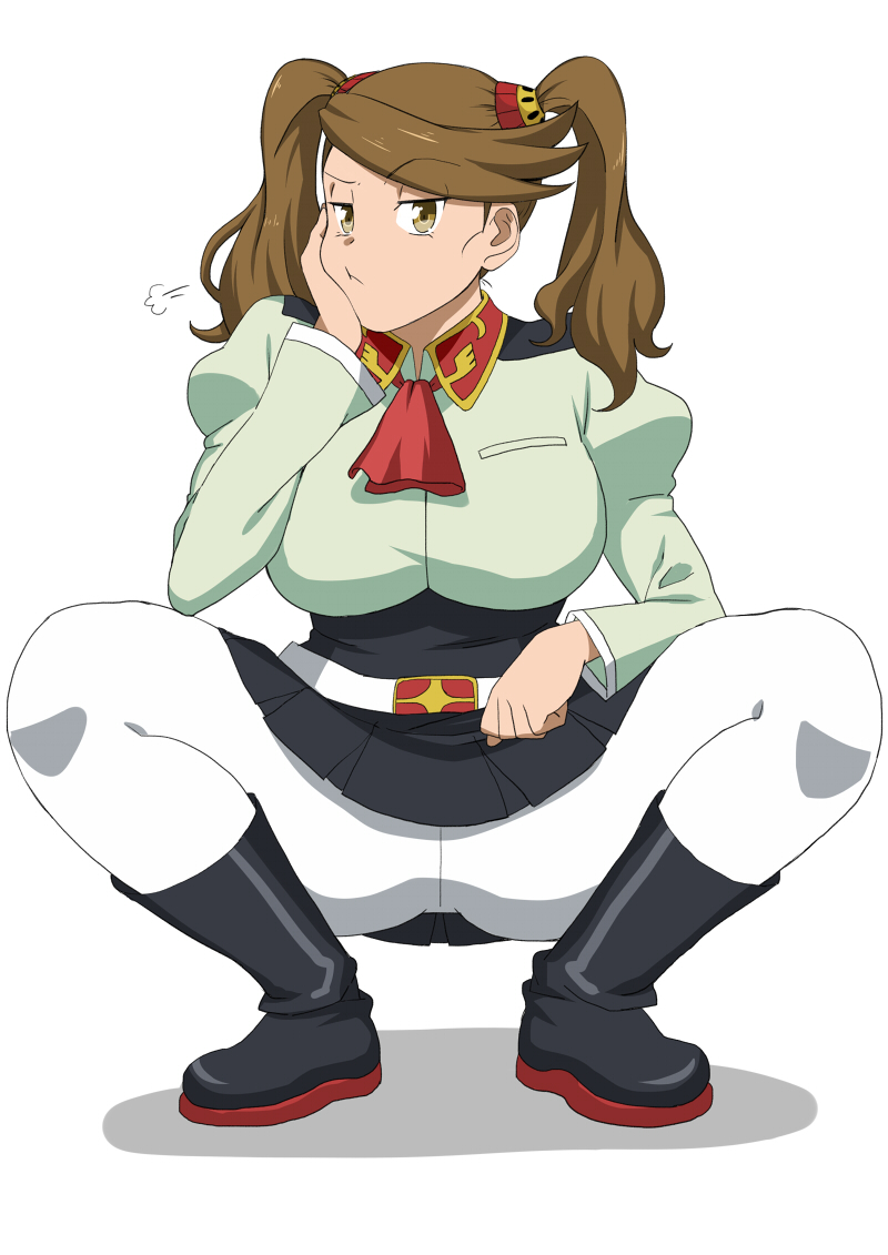 1girl belt boots breasts brown_eyes brown_hair cravat crotch_seam gundam gundam_build_fighters gundam_build_fighters_try hair_ornament hand_on_own_cheek large_breasts long_hair maru_(maruttona) pantyhose pleated_skirt pout sazaki_kaoruko sigh simple_background skirt solo squatting twintails white_background white_legwear