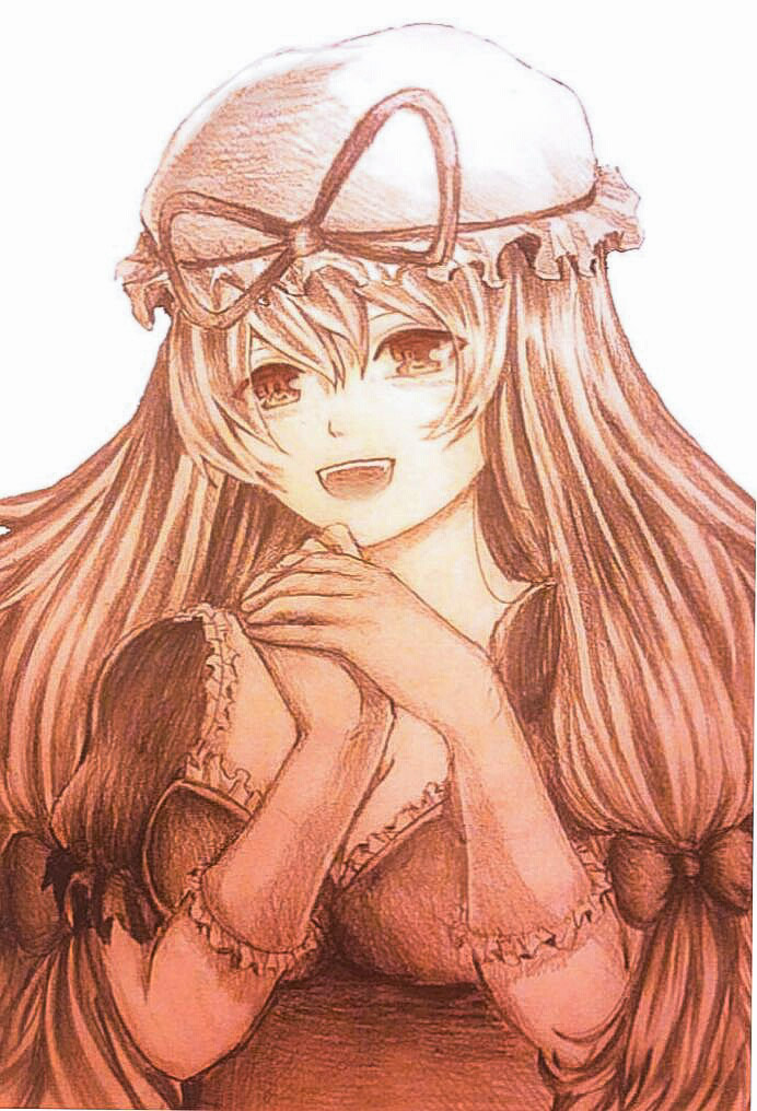 bow breasts bust cleavage dress elbow_gloves eyes_visible_through_hair fangs frilled_dress frilled_gloves frills fusafusa gloves hair_bow hands_together hat hat_ribbon long_hair looking_to_the_side mob_cap neck open_mouth puffy_short_sleeves puffy_sleeves ribbon sepia short_sleeves simple_background smile touhou traditional_media white_background yakumo_yukari