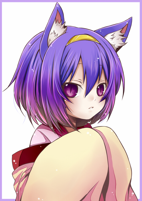 1girl animal_ears border fox_ears gradient_hair hatsuse_izuna headband multicolored_hair no_game_no_life purple_border purple_hair short_hair slit_pupils takoyaki_kenken violet_eyes