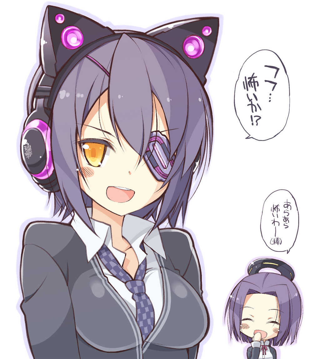 2girls eyepatch headgear headphones headset imperial_japanese_navy kantai_collection mechanical_halo multiple_girls necktie oota_yuuichi purple_hair school_uniform short_hair tatsuta_(kantai_collection) tenryuu_(kantai_collection) translation_request white_background yellow_eyes