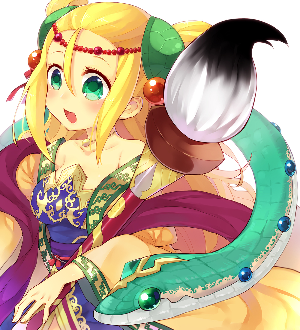 1girl :d animal bare_shoulders blonde_hair blush calligraphy_brush circlet collarbone green_eyes hair_bobbles hair_ornament hair_strand holding long_hair long_sleeves meimei_(p&amp;d) off_shoulder open_mouth oversized_animal paintbrush puzzle_&amp;_dragons simple_background smile snake solo turtle_shell very_long_hair white_background yuya_(oshidori)