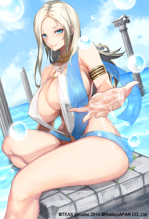 1girl architecture armlet asanuma bare_shoulders blonde_hair blue_eyes breasts bubble column earrings greco-roman_architecture hoop_earrings jewelry large_breasts long_hair looking_at_viewer moeru!_jiten official_art outstretched_hand pillar sitting smile solo water