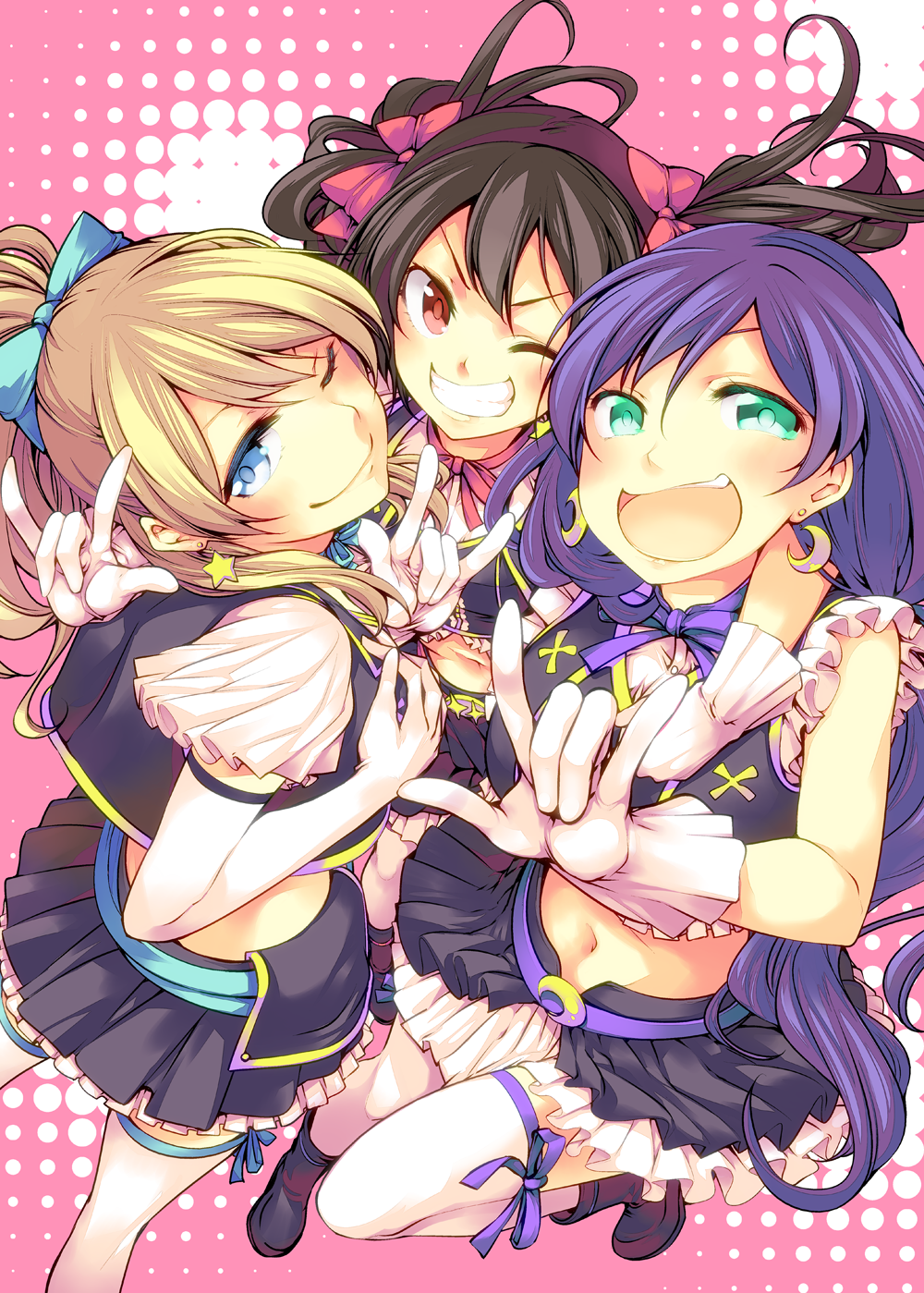 \m/ ayase_eli black_hair blonde_hair blue_eyes blush breasts chado double_\m/ gloves green_eyes grin highres long_hair looking_at_viewer love_live!_school_idol_project midriff multiple_girls open_mouth ponytail purple_hair red_eyes skirt smile toujou_nozomi twintails yazawa_nico