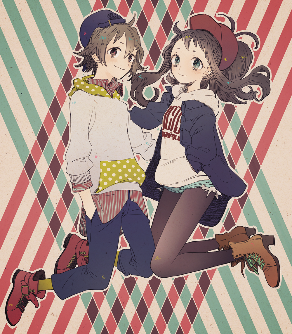 1boy 1girl alternate_costume aqua_eyes backwards_hat baseball_cap black_legwear brown_eyes brown_hair casual denim denim_shorts full_body hand_in_pocket hat high_ponytail hooded_jacket jacket long_hair pantyhose pokemon pokemon_(game) pokemon_bw shigeru short_hair shorts touko_(pokemon) touya_(pokemon)