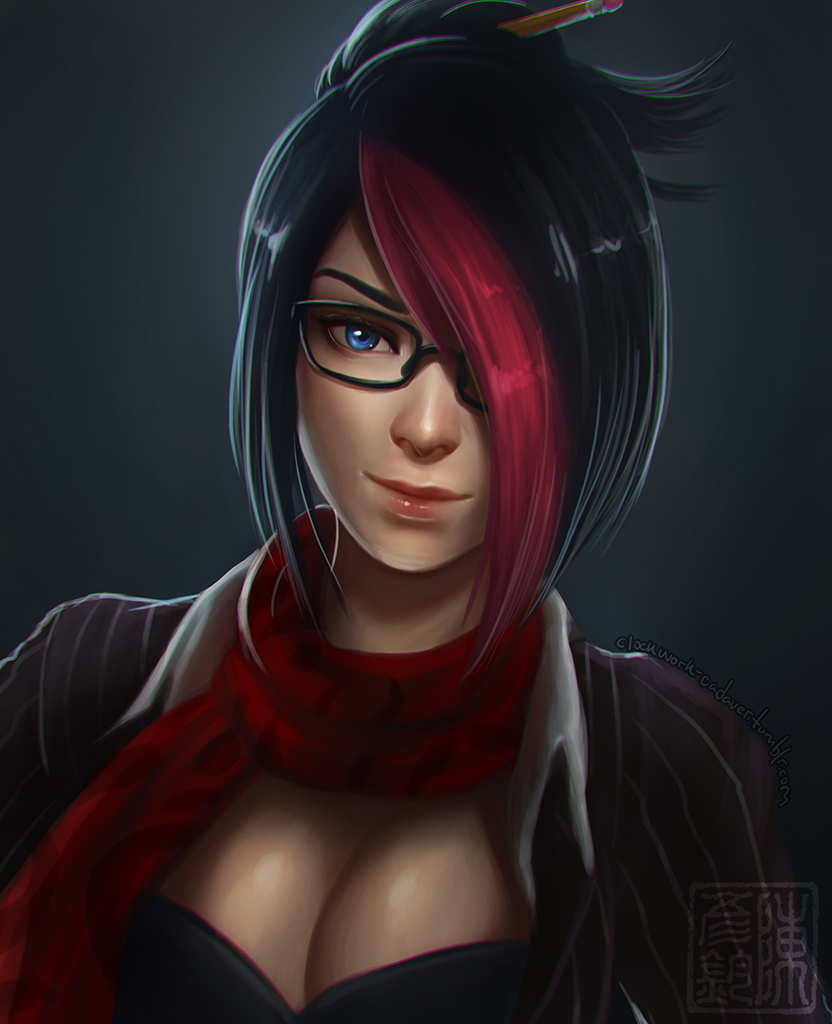 1girl black_hair blue_eyes breasts cleavage clockwork-cadaver eyebrows fiora_laurent folded_ponytail glasses hair_ornament hair_over_one_eye hair_stick highlights large_breasts league_of_legends lips multicolored_hair nose pencil redhead scarf short_hair solo teacher two-tone_hair