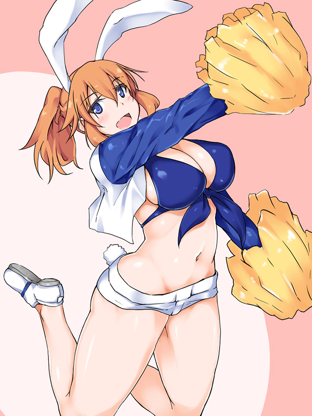 1girl alternate_hairstyle animal_ears blue_eyes blush breasts bunny_tail charlotte_e_yeager cleavage front-tie_top holding jacket jumping large_breasts legs_up long_hair long_sleeves maru_(maruttona) navel open_mouth orange_hair pom_poms ponytail rabbit_ears short_shorts shorts sideboob skindentation solo strike_witches tail