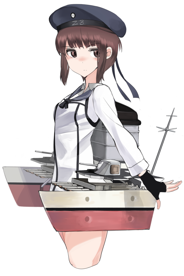 1girl adapted_costume alternate_color black_gloves brown_eyes brown_hair clothes_writing cropped_legs fingerless_gloves fujibejifu gloves hat kantai_collection long_sleeves machinery neckerchief payot sailor_collar sailor_hat short_hair simple_background solo turret white_background z3_max_schultz_(kantai_collection)