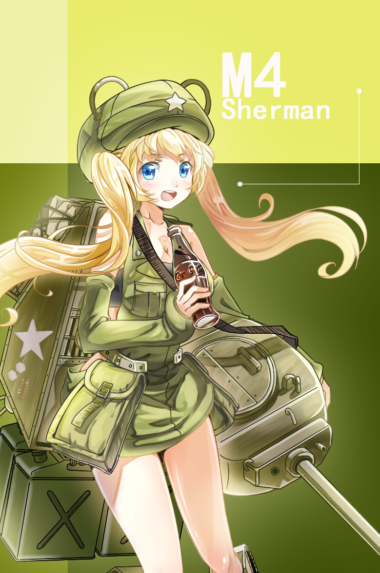 1girl :d bare_shoulders blonde_hair blue_eyes breasts cannon caterpillar_tracks character_name cleavage coca-cola hat long_hair m4_sherman mecha_musume military military_vehicle open_mouth original personification skirt smile solo tank turret twintails vehicle world_war_ii yinyu