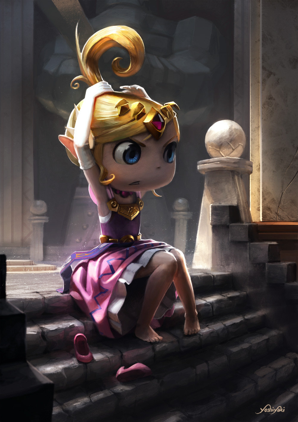 1girl adjusting_hair barefoot blonde_hair blue_eyes cassio_yoshiyaki dress elbow_gloves forehead_jewel gloves high_ponytail highres long_hair pigeon-toed pink_dress pointy_ears princess_zelda shoes_removed solo stairs the_legend_of_zelda tiara toes white_gloves wind_waker