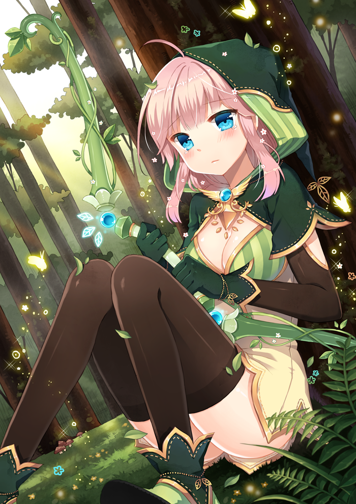 1girl ahoge blue_eyes bow_(weapon) breasts butterfly cleavage diten forest gloves hooded long_hair nature original pink_hair sitting solo tears thigh-highs weapon