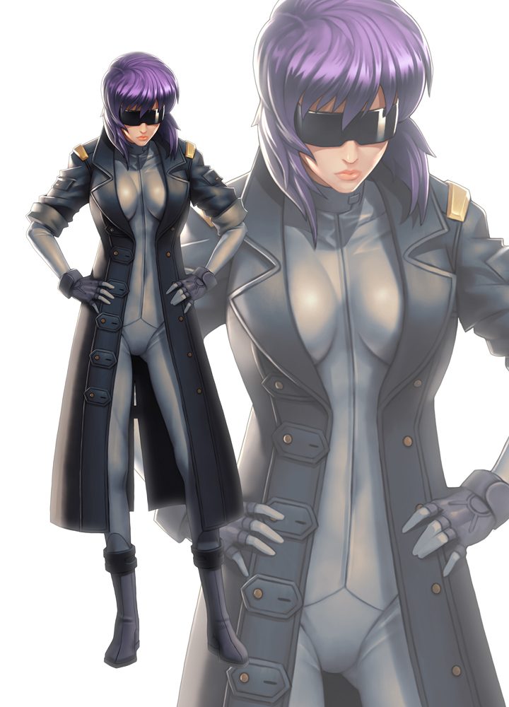 1girl bodysuit boots breasts fingerless_gloves ghost_in_the_shell ghost_in_the_shell_stand_alone_complex gloves hands_on_hips ikegami_noroshi kusanagi_motoko purple_hair short_hair solo trench_coat wrap-around_shades zoom_layer